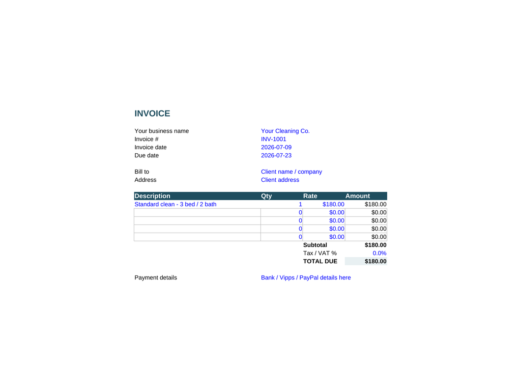 Auto-calculating invoice template for cleaning businesses