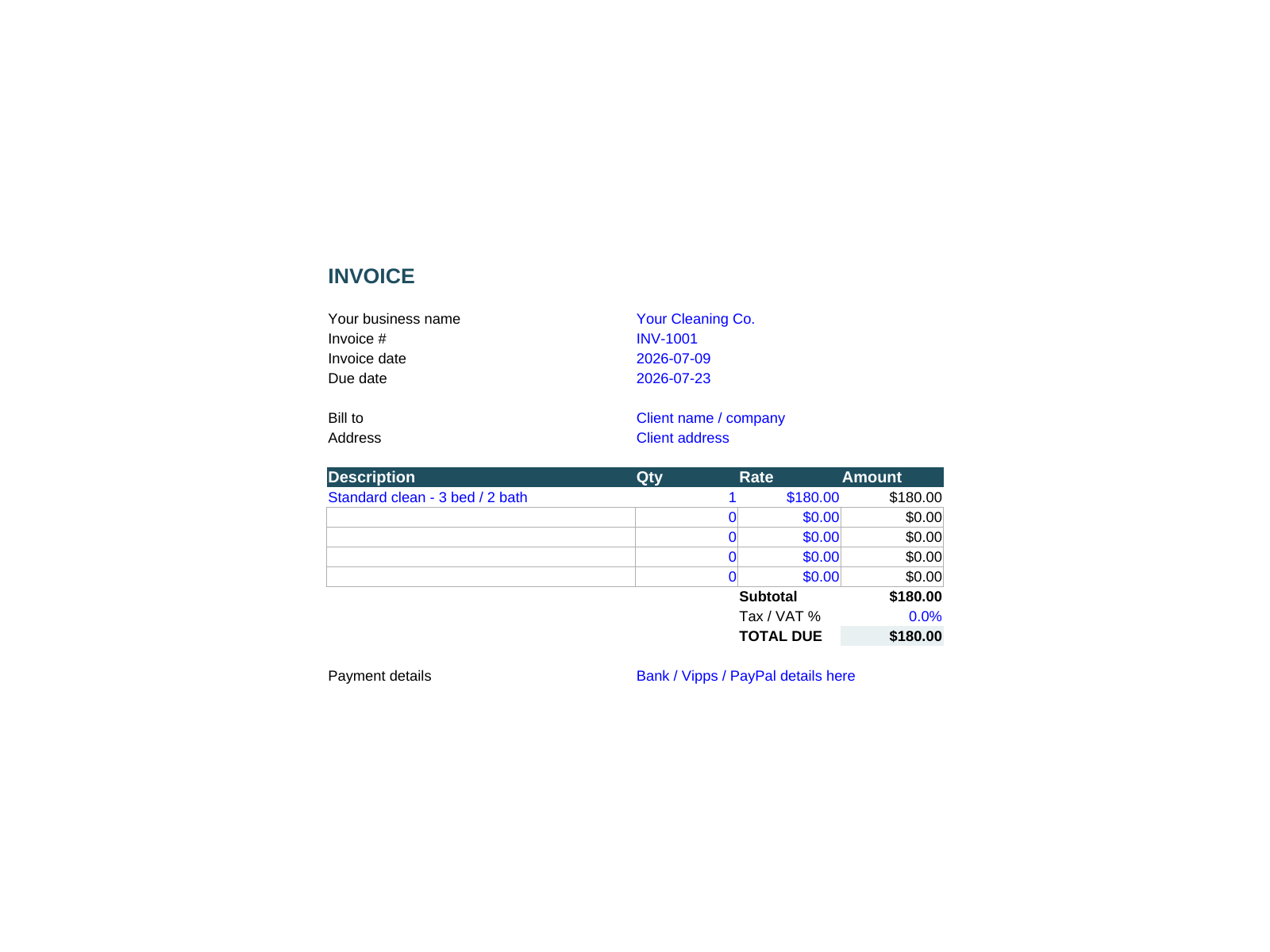 Auto-calculating invoice template for cleaning businesses