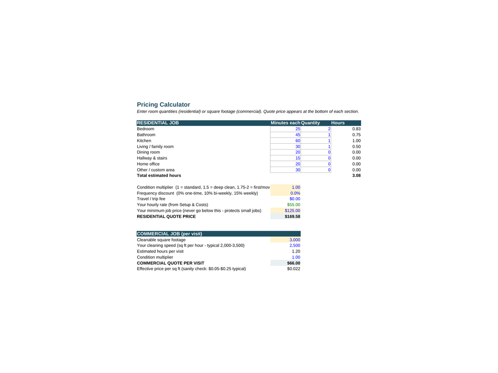 Cleaning business pricing calculator spreadsheet - residential and commercial job quotes in Excel